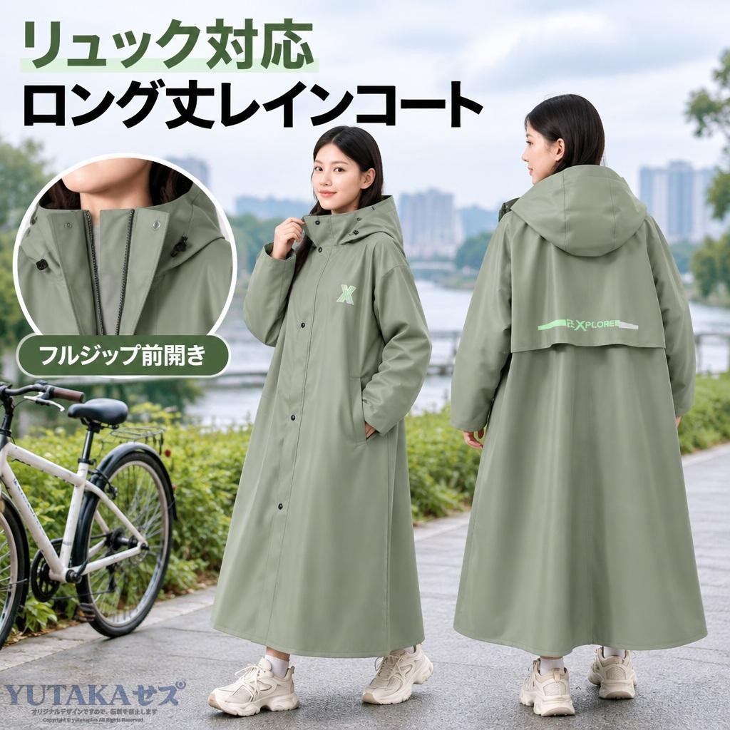 商品説明大人向けのロング丈・連帽ライディングレインコートです。自転車や電動バイクでの移動、通勤、アウトドアでの雨天対策に役立つ、リュック対応スペース付きの一着です。リュック対応スペース背面にリュックを背負うためのスペースを備え、荷物を背負った状態でも着用しやすい設計です。前開きフルジップ前面は全開できるファスナー仕様で、着脱しやすい構造です。フード・ゆったり設計フード付きで、動きやすさを考えたゆったりしたシルエットです。背面ベンチレーション背面には通気のためのベンチレーション設計があります。商品仕様【素材】PVC【防水コーティング】PUコーティング【対象】大人用・1人用【サイズ目安】L：推奨身長150〜160cm／XL：推奨身長160〜170cm／XXL：推奨身長170〜185cm注意事項サイズの推奨身長は目安です。ご自身の着用条件に合わせてお選びください。ご購入の前に・撮影環境や画面設定により、実物と色味が異なって見える場合があります。・ご注文内容の変更やキャンセルの条件は、ショップのお買い物ガイドをご確認ください。返品・交換について・商品に不具合がある場合や、ご注文内容と異なる商品が届いた場合は、商品到着後にショップまでご連絡ください。・返品・交換の条件、期限および手続きは、ショップの返品・交換案内をご確認ください。