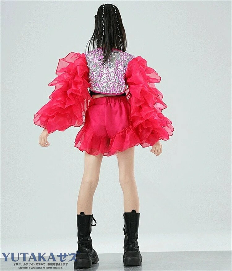 チアガールズ ダンス衣装 トップス へそ出し フリル スパンコール バラ色 セットアップ ショートパンツ 女の子 ヒップホップ 派手 jazz ジャズ カッコイイ 黒 キャミソール ガールズ ダン yutakaplus-10056557 YUTAKAプラス サンプル画像3