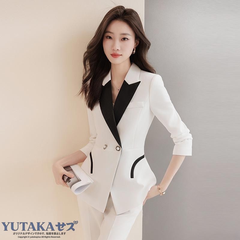 レディース 西装セット 秋冬 白色 ジャケット ロングパンツ セットアップ 職業服 スーツ 通勤 仕事着 播音 主持人 雪ニール ポリエステル スパンデックス ストレッチ 長袖 ロングパンツ