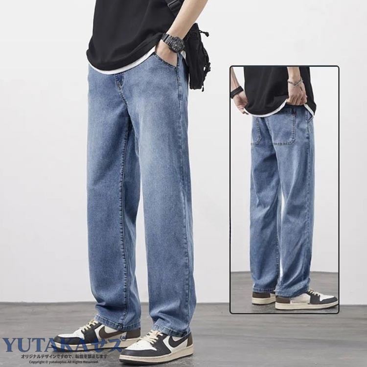 YUTAKAプラスのジーンズ メンズジーパン デニムワイドパンツ デニムパンツ 薄手 通気性 ワイドパンツ ワイド 涼しい 冷感 ジーパン ワイドストレートパンツ カジュアル ストレート ゆったり ワイドシ｜アングル2