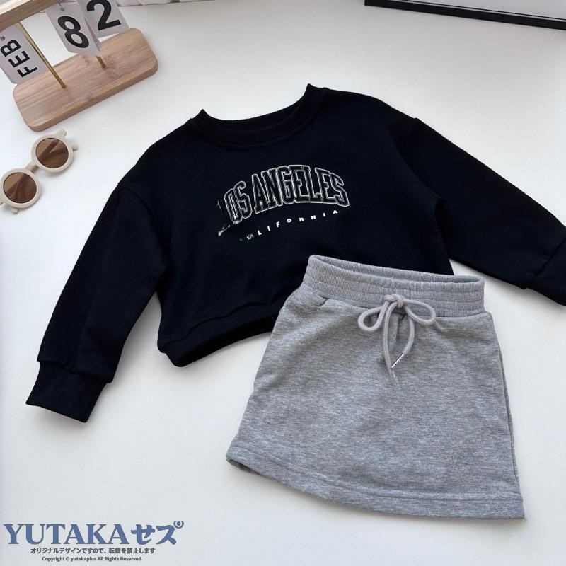 子供用セットアップ スウェット トレーナー スカート付きパンツ ガールズ 幼児 ブラック グレー コットン 秋冬 キッズ ジュニア 子ども 女の子 男の子 上下セット 長袖 かわいい カジ