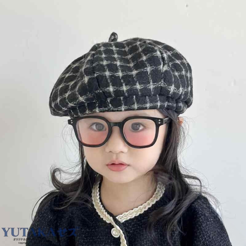 ベレー帽 キッズ 男の子 女の子 ベビー 子供 秋冬 おしゃれ レトロ クラシック 英国風 チェック柄 八角形 キャスケット 綿混 日よけ 通気性 保温 防風 黒 ベージュ グレー 帽子 ハット キ