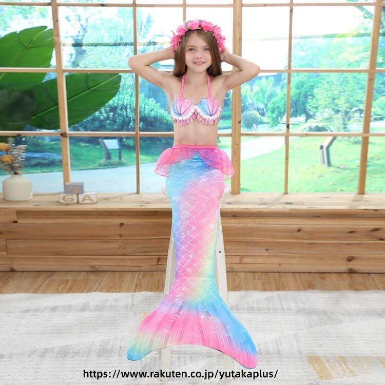 Swimwear - 子供 用 キッズ 女の子 水着 マーメイド 人魚 セパレート 3点セット 尻尾付き タンキニ スイムウェア 夏 海水浴 プール 水遊び ファンタジー キャラクター デザイン おしゃれ かわいい 人気 マリン 女児 キッズファッション