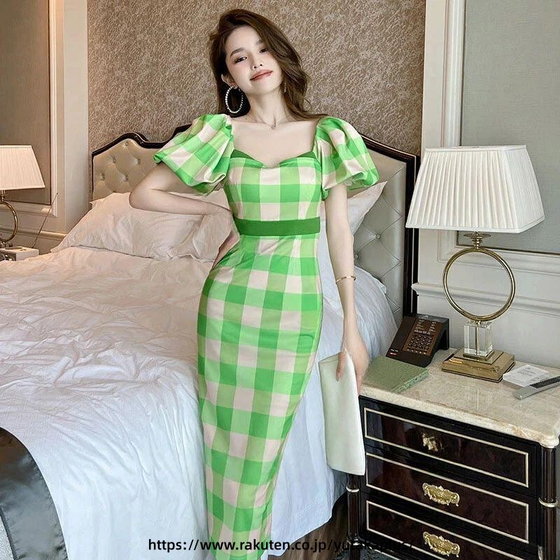 お呼ばれ 結婚式 ドレス 韓国風 チェック ワンピース ミモレ丈 ロング ドレス パフスリーブ タイト ワンピ チェック柄 フォーマル パーティー ドレス 大人 可愛い ワンピース グリーン ブラック ピンク サイズ 豊富 S 〜 XXL