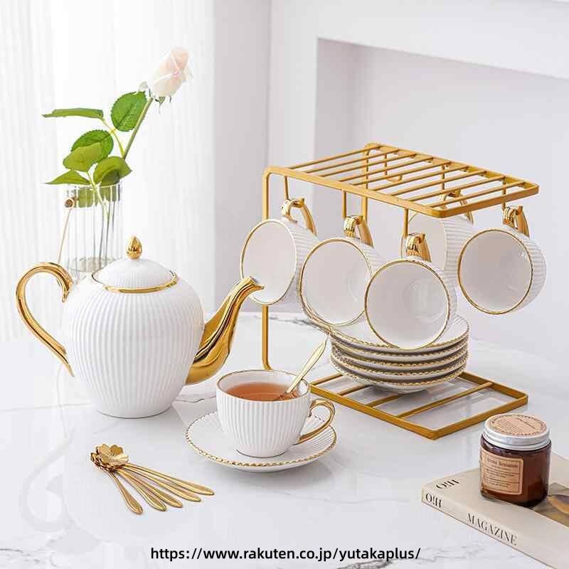 Rakuten - オシャレ ティーカップ カップ & ソーサー 食器セット 北欧風 陶器 高級感 金縁 耐久性 ミルクピッチャー シンプル 上品 ギフト プレゼント カフェ風 オフィス ホームパーティー 来客用 アフタヌーンティー お洒落 おしゃれ