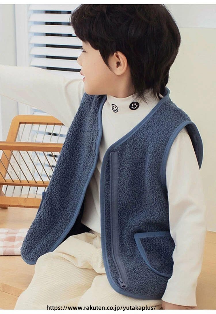 防寒 キッズ ボアベスト もこもこ 暖かい 無地 Vネック シンプル カジュアル 防寒...