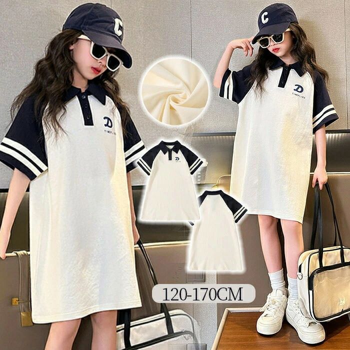 Rakuten - キッズシャツワンピース 子供服 半袖 襟付き ロングシャツ 膝丈 ポロネック ストレート 無地 綿 おしゃれ 女の子 女児 ガールズ 夏物 人気 可愛い パーティ セール ジュニア服 ガールズ
