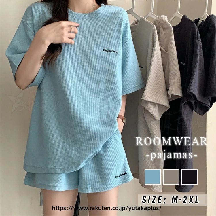 Rakuten - ルームウェア ルームパンツ 春夏 レディース 可愛い パジャマ 上下セット 半袖 トップス 短パン ショートパンツ 2点セット 定番 ベーシック デイリー リラックス 部屋着 寝巻き 薄手 ゆったり 着やすい ナイトウェア ゆったり ウエストゴム