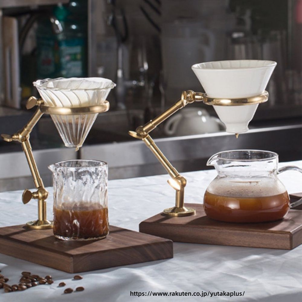 YUTAKAプラスのコーヒードリッパースタンド コーヒーフィルター用 コーヒードリッパーブラケット 真鍮製 コーヒーフィルターホルダー 高さ調節可能 おしゃれ 木製ベース｜アングル3