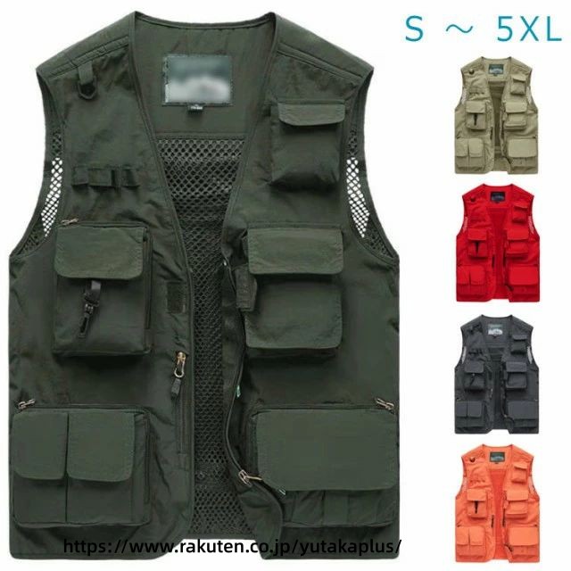 ・機能性なんと15個のポケット、お釣りや撮影活動に大人気!・通気性チュールやメッシュ素材だから夏向け通気性が抜群!ナイロン ポリエステルの生地を使った本格仕様。双方ともに強度や吸水性、吸湿性、速乾性、耐磨耗性、耐薬品性、耐熱性、形状安定性な素材となります。通気性、防風性、速乾性、などがある多機能ベストです。背中のメッシュと内側のメッシュ生地は高い通気性を発揮して、着心地はずいぶんよかった。肩部分には柔らかい素材でカメラバッグやショルダーバッグを長時間しても肩こりしにくい、疲れにくいです。キャンプ、釣り、ウオーキング、山歩き撮影など色々なシーンで活躍してくれます。 サイズS M L XL 2XL 3XL 4XL 5XLサイズについての説明サイズ：単位cm S バスト102 肩幅42 着丈62 M バスト106 肩幅43 着丈64 L バスト110 肩幅44 着丈66 XL バスト114 肩幅45 着丈68 2XL バスト118 肩幅46 着丈69 3XL バスト122 肩幅47 着丈70 4XL バスト126 肩幅48 着丈71 5XL バスト130 肩幅50 着丈72素材ナイロン ポリエステル色レット ブラック グレー ベージュ カーキ ネイビー オレンジ備考注意★洗濯時、色落ちがございます。他の物とのお洗濯もお控えくださいませ。湿気を含んだ状態や水を含んだまま放置しないでください。この製品は洗濯で若干縮むことがあります。洗濯機は使用できません。※ベージュ×モカのみ使用糸の関係上、風合いが少々異なります。 ●綿混合商品は洗濯時に多少縮む事がございます。 ●本製品は生産過程におきまして、生地を織る際の糸の継ぎ目や多少のほつれが生じることがありまが、品質上は問題ありません。また、生地の織りに他繊維が混紡している場合もございます。▼色落ちの恐れがございますので、他のものとは分けて洗濯してください。▼タンブラー乾燥はお避け下さい。▼洗濯の際は他の物と区別して、漂白剤を避け、手洗いを お勧めします。 この商品を購入された方のレビュー&nbsp;すべてのレビューを見る（15件） &rArr;このショップのレビューを見る 総合評価4.60 購入者さん　 評価5.00 投稿日：2025年06月08日 妻に購入させてもらい&hellip;収納もたくさんあり使い勝手も良さそうで、本人も大変気に入っているようです。　 Mika47さん　50代/女性 評価5.00 投稿日：2024年07月01日 ポケットがたくさんあるので、望んでいた商品でした。 買って良かったと思います。　 chinichiさん　60代/男性 評価5.00 投稿日：2023年12月06日 &nbsp;丁度良いサイズでした。 購入にあたりサイズが一番気になっていましたが174cmの74kg小太りですが2XLで丁度良かったです。山作業で使用するにはポケットがたくさんあり、防水もありそうなので長く使いたいと思います。ベスト色をレッドにしたのは還暦もあり、山中でも年中遠目でもわかりやすい色として選びました。ビビット赤色なのでわかりやすいと嫁さんも気に入ってくれてます。　 &nbsp;実用品・普段使い&nbsp;&nbsp;自分用&nbsp; ワンピース　ロング丈　花柄 価格3,000円 &nbsp;&nbsp;&nbsp; このショップの人気商品ランキング 位 円 (