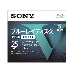 《セール期間クーポン配布》【1個までメール便発送可能】SONY 25GB 1回録画用 BD-R ブルーレイディスク 5枚入り 5BNR1VLPS4 [ソニー ビデオ用 地デジ約180分 BSデジタル130分 1-4倍速　ホワイトレーベル　1層BD-R スリムケース付き]★★★180910