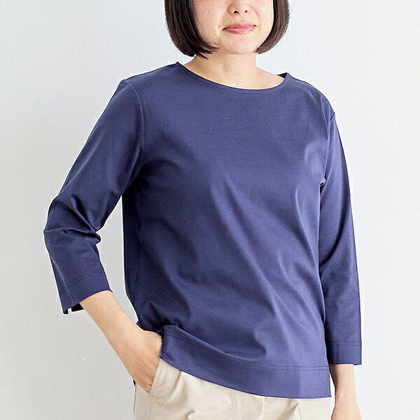【栗原はるみ ウエア ギフト包装可】 コットンスムース七分袖Tシャツ/ 栗原 はるみ Tシャツ カットソー レディース 七分袖 Tシャツ 長袖 無地 カジュアル ネイビー ホワイト トップス 綿100% コットンスムース お出掛け 春 ゆとりの空間