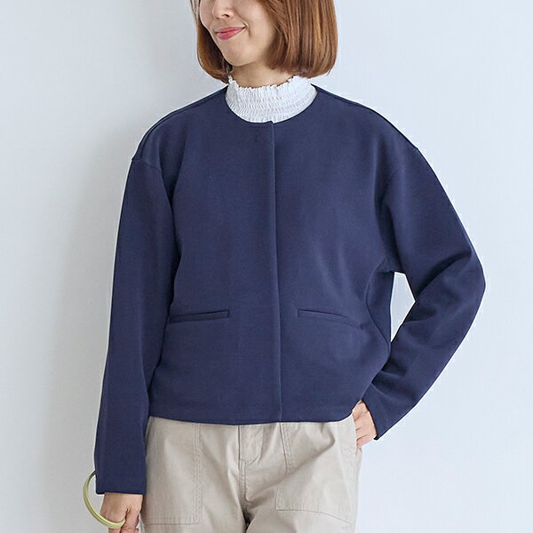 【栗原はるみ ウエア ギフト包装可】 ダブルジャージーノーカラージャケット/栗原 はるみ コート ノーカラー ノーカラージャケット ショート ショート丈 ショートジャケット 羽織り レディース アウター ネイビー グレージュ オフィス ゆとりの空間