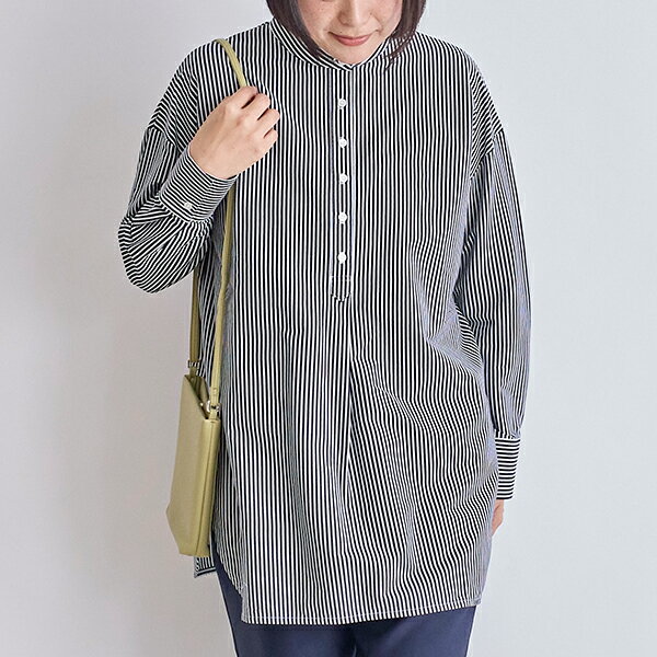 【栗原はるみ ウエア ギフト包装可】 コットンスムースストライプチュニック/ 栗原 はるみ レディース 大人 チュニック 着回し 綿100％ ネイビー ブルー 紺 青 ストライプ 細ストライプ 上品 きれいめ おしゃれ 普段着 長袖 お出かけ ゆとりの空間