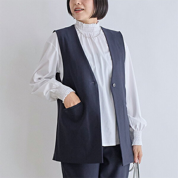 【栗原はるみ ウエア ギフト包装可】 ハイストレッチVネックジレ/ 栗原 はるみ ジレ ロングジレ 薄手 ベスト ストレッチ 動きやすい レディース 女性 大人 きれいめ 上品 羽織り レイヤード シンプル ネイビー ブラック グレージュ ゆとりの空間