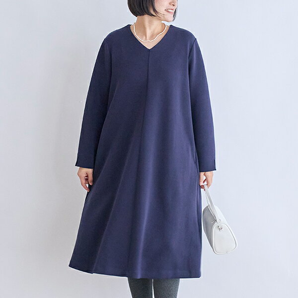 【栗原はるみ ウエア ギフト包装可】 ダブルジャージーワンピース/ 栗原 はるみ ワンピース ジャージー レディース きれいめ カジュアル 大人 体型カバー イージーケア シワになりにくい ロング 長袖 長め Vネック ネイビー チャコール ゆとりの空間