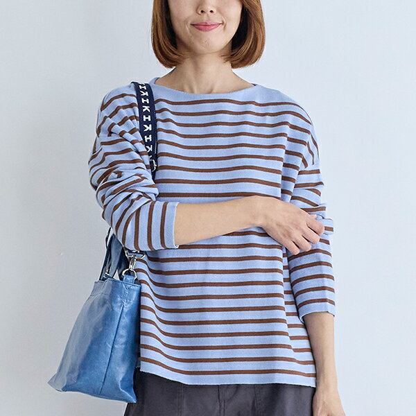 【栗原はるみ ウエア ギフト包装可】 コットンニットボーダープルオーバー/ 栗原 はるみ プルオーバー ニット レディース カジュアル ゆったり 普段着 長袖 ボーダー サックス キャメル ホワイト ネイビー トップス コットンニット ゆとりの空間
