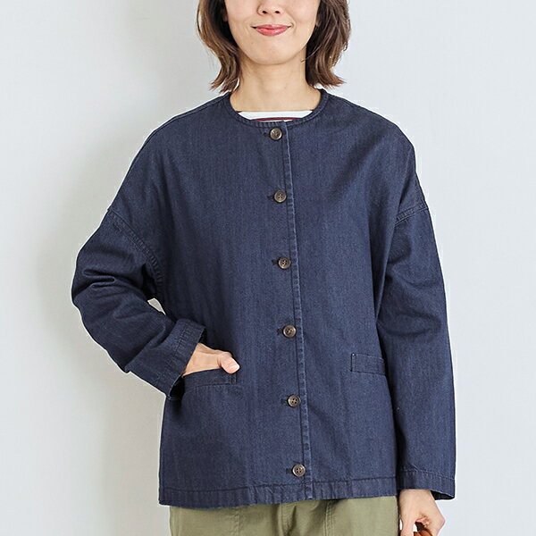 【栗原はるみ ウエア ギフト包装可】 デニムノーカラージャケット/ 栗原 はるみ コート ノーカラー ノーカラージャケット ショート ショート丈 ショートジャケット 羽織り レディース アウター ネイビー ブルー デニム デニムジャケット ゆとりの空間
