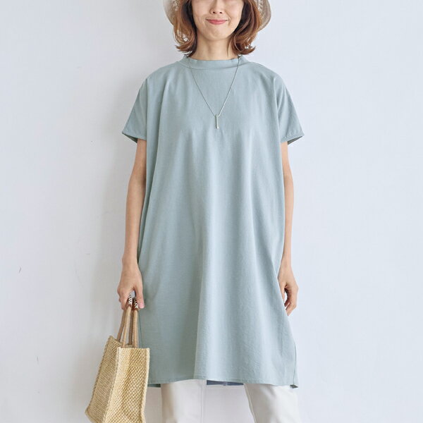 Short Sleeves - 【ポイント5倍 27日(水)01:59まで】【栗原はるみ】 サッカージャージーチュニック / 栗原 はるみ 体系カバー カットソー チュニック ブラウス レディース 大人 ゆったり きれいめ カジュアル 半袖 ブルー ライトグレー 青 ギフト春 夏
