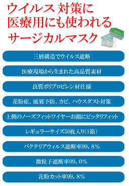 【24時間限定クーポン進呈中】3層式サージカルマスク 50枚組 090 ウィルス対策の使い捨てマスク