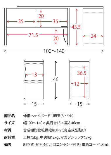 【ランキング獲得】伸縮ヘッドボード LIBER リベル ベッド ベッドフレーム布団やマットレスの枕元に置くだけの簡単設置♪HB-1014 伸縮式 後付け 収納棚 コンセント 簡単設置 宮棚 マガジンラック 収納ラック 奥行15cm