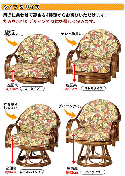 ＼夏のボーナス最終SALE!/ 【ランキング受賞】 高さが選べる身体を優しく包む天然籐回転チェア ミドルタイプ 004完成品 FL-1109 椅子 ミドルタイプ ゆったり 回転 座椅子 ラタン 組み立て不要 リビング 和室 クッション取り外し可能 いす [3]