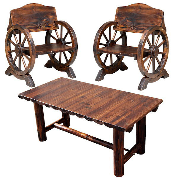 車輪ベンチ&焼杉テーブル3点セット(ベンチ小) エクステリア ガーデンファニチャー ガーデンファニチャー ガーデンファニチャーセットWBT650-3PSET-D...