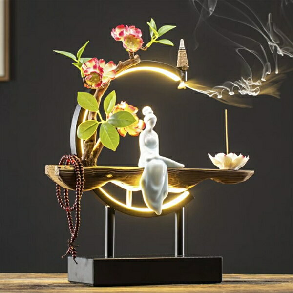 LED 女神 お香立て 占い 開運 風水 パワーストーン 開運インテリア20210917-1 お香立て LED 花 座る 女神 木製 数珠 ライト 風水