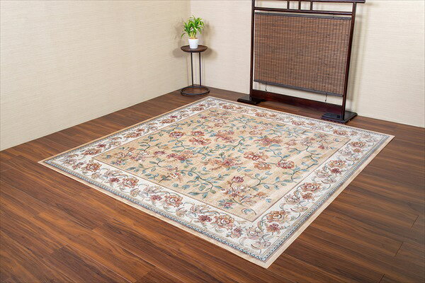 ベルギー製モケット織 カーペット セリーヌ 195×195cm カーペット マット 畳 マット R140072 グリーン ベージュ ホットカーペット シルクタッチ 不織布 高級感 エレガント 客間 模様替え [3]