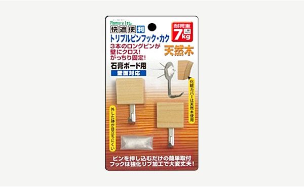 ●外した跡が目立ちにくい3本のピンで固定する石膏ボード用のピンフックです。耐荷重7kgまで。 ●3本のロングピン対応の取付部品1個で7kgの耐荷重対応。カバーは木製角型。石膏ボード用。 ●本体サイズ： 24×45×17mm 【メーカー名】（株）ノムラテック 【メーカー品番】N-3308