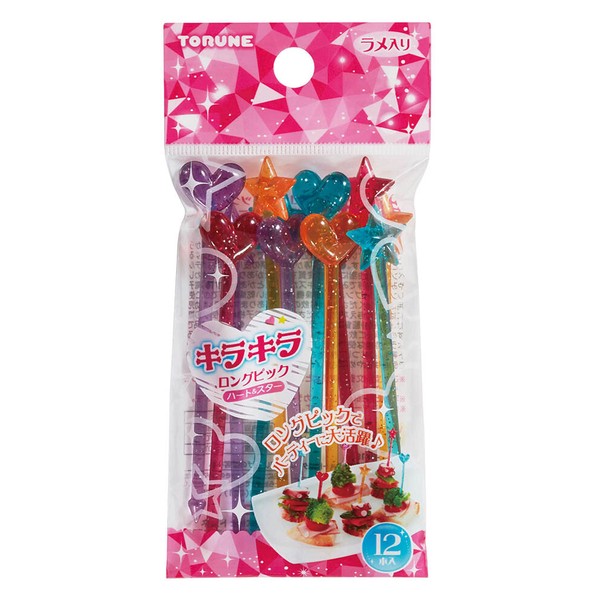 ●カラフルでキラキラかわいいラメ入りピック★ ●ロングピックでパーティーに大活躍！ ●お弁当やパーティ、お子様ランチを華やかに演出します！ ●毎日のお弁当グッズとしてはもちろん、運動会や遠足のお弁当に！ ※商品の色はアソートとなります。 ●入数： 12本入 ●材質： AS樹脂 ●商品サイズ： ハート:約91×17×7.3mm、スター:約92.3×16.5×7mm ●商品重量： 約18g ●耐熱温度： 70℃ ●耐冷温度： -20℃ ※電子レンジ、オーブン、食器乾燥機、食器洗い乾燥機等でのご使用はおやめください。 ※商品により、色と柄の組み合わせが異なります。 ※商品重量の表示は、包装込みの重量です。 【メーカー名】（株）トルネ 【メーカー品番】P-3619