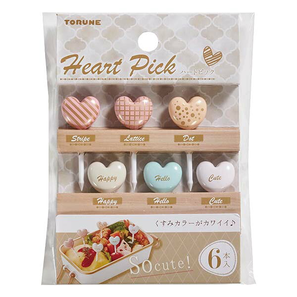 ●くすみカラーがカワイイハート型のピック！！ ●お弁当やパーティ、お子様ランチを華やかに演出します！ ●毎日のお弁当グッズとしてはもちろん、運動会や遠足のお弁当箱に！ ●入数： 6本入 ●材質： ABS樹脂 ●商品サイズ： 約46.8×19×8.3mm ●商品重量： 約23g ●耐熱温度： 70℃ ●耐冷温度： -20℃ ※電子レンジ、オーブン、食器乾燥機、食器洗い乾燥機等でのご使用はおやめください。 ※商品重量の表示は、包装込みの重量です。 【メーカー名】（株）トルネ 【メーカー品番】P-3633