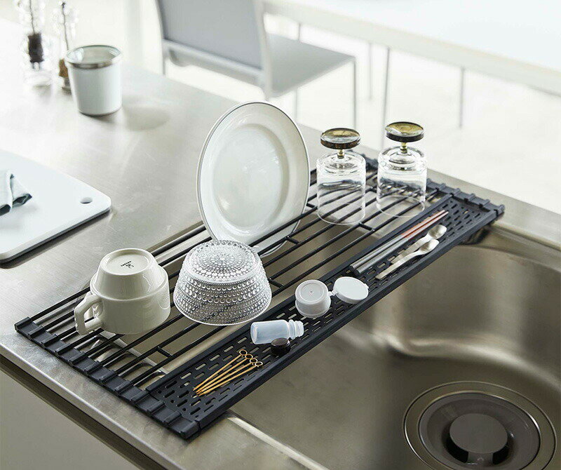 山崎実業　折り畳み水切り タワー シリコーントレー付き L　ブラック　【品番：05055】