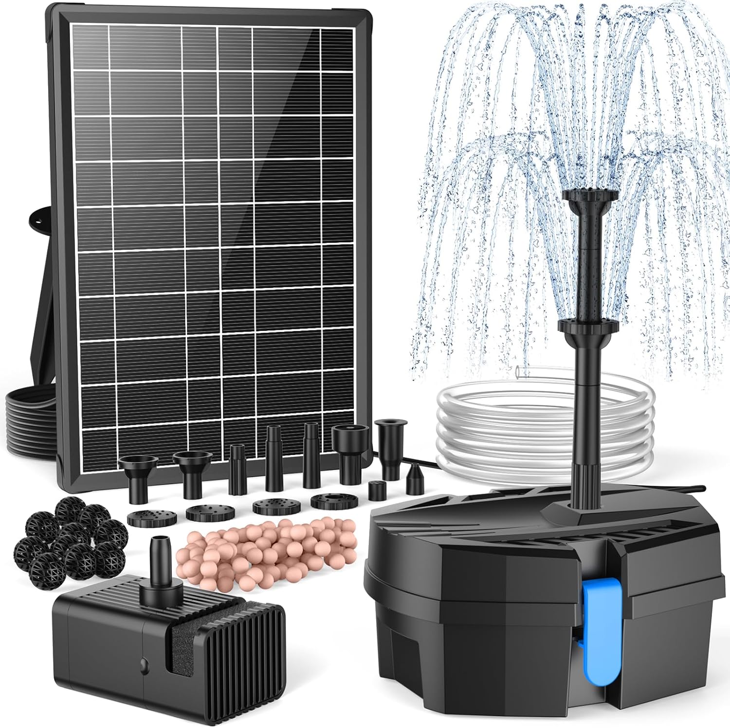 Biling 【池フィルター付き】ソーラー噴水ポンプ 7.5W 1800mAh大容量電池内蔵 透明パイプ1.5m付き 8種ノズル搭載 酸素供給・水循環機能 池・プール・庭園・バードバス対応 ガーデン装飾用
