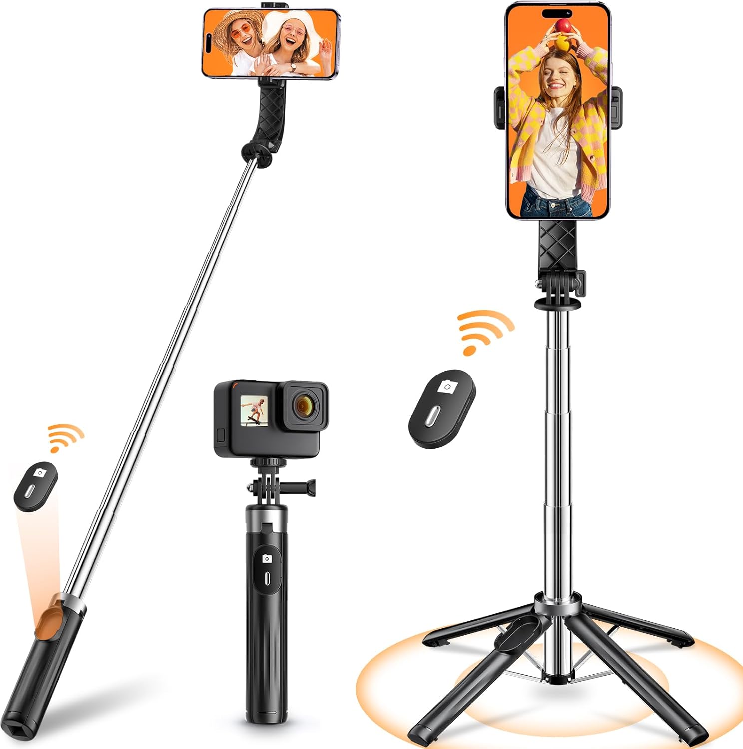 自撮り棒 【業界超ミニ·四脚安定モデル】 スマホスタンド 安定性アップ iphone android対応 三脚 コンパクト 軽量 セルカ棒 折りたたみ式 最大103cmまで リモコン付 携帯 4-7インチ多機種対応 カメラ gopro兼用 セルフィー 撮影用
