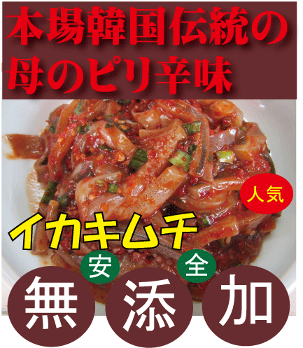 無添加イカキムチ100g●韓国キムチ済州島の李（イー）さんの手作り★クール冷蔵便配送★賞味期限：冷蔵保存で約7日前後★無添加 キムチ★無添加きむち