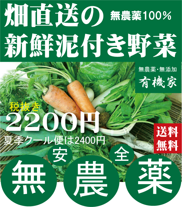 旬の無農薬100％野菜セット2200円（送料無料・月、金曜日発送）5月より冷蔵便になります。★有機家の長年の人気野菜セット★卵同梱セットや牛乳同梱セットも有ります。