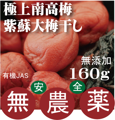 極上南高梅大梅紫蘇梅干し160g★有機JAS 無農薬・無添加 ★3個までコンパクト便可★奈良県熊代農園★塩分濃度：18〜20%