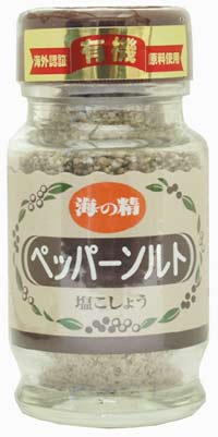 海外認証胡麻使用　 ほどよい辛味と豊かな香り ■「海の精」のやき塩に黒胡椒（10％）、 白胡椒（10％）を配合　 ■調味塩として 焼き塩（海の精・伊豆大島産）、 黒胡椒・白胡椒（スリランカ産）