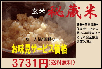 新米 玄米3kg送料無料「初めての方限定お味見サービス価格」★無農薬米★秘蔵米★山形・佐藤さんの★鴨米ひとめぼれ★完全無農薬玄米3kgのサムネイル