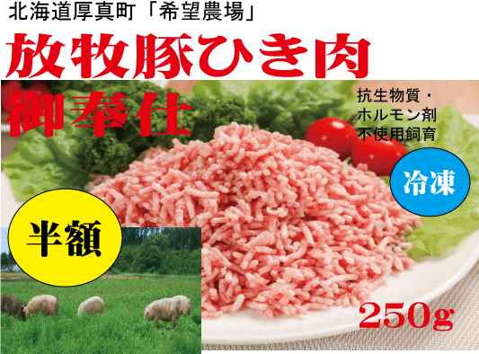 安全豚肉■放牧豚ひき肉250g【半額】702円が351円★国産（北海道厚真町・希望農場）★クール冷凍便配送★抗..