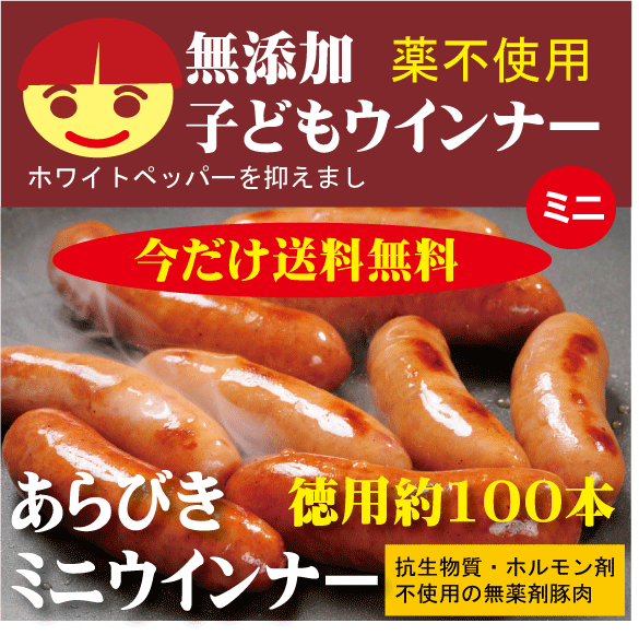 ○品名：あらびきミニウインナー徳用 ○原材料：豚肉(北海道産）、食塩、砂糖、香辛料 ○容量：約1kg ○産地：北海道標津町 ○消費期限：商品ラベルに記載（60日） ○保存方法：冷凍 ○配達方法：ヤマト便・冷凍便 ○生産者：株式会社　知床興農ファーム今だけ送料無料100個限定 日本の豚は デンマークの平均約10倍の 抗生物質を使っています。 効率ばかり追求し 母豚が一年に何回出産できるか 狭い豚舎で何匹飼えるか 仔豚の飼育環境はおかまいなし。 結果大量の抗生物質が必要となる訳です。 いつも同じです。 効率⇒薬剤⇒危険な食べ物の パターンです。 本田さん曰く 豚は健康に育てれば 抗生物質なんか 必要ないんです。 ダイオキシンなどの影響が少ない空気を 求めて北海道標津町へ来ました。 興農ファームの豚は名実共に健康的な 放牧豚です。 多くの放牧豚と言われる放牧地は草木が豚に食い荒らされ 土の肌がむき出しになっているところが多いのですが、 興農ファームの放牧地は牧草が生い茂った草地が放牧地になっています。 草がなくなると別の牧草が生い茂った草地に移動します。 　 1、お母さんの母乳の力を生かします。 日本の場合ほとんど20日〜21日で離乳させます。 早く離乳させ母豚の出産回数を増やすためです。 しかし、これでは大切な免疫がお母さん豚から仔豚に 充分に伝わらないのです。 本田さんは31日間ゆっくり仔豚とお母さん豚を 一緒にし充分免疫力が伝わるまで待ちます。 2、ゆったりした清潔な豚舎 一般的には豚が身動きできないくらい詰め込みますが 本田さんは18畳に14頭くらいで、 しかも放牧場へ出入り自由となっています。 3、学校給食より安全なエサか？ 減農薬じゃがいもをはじめ、豆の粉砕品、羅臼町から運ばれた 魚のアラなど国産化を推し進めています。 いちど学校給食の残り物を進められましたが パンの残留農薬を考えて断ったそうです。 学校給食は本田さんの豚のエサより危険なんですか？ 脂質をカットした 安全でヘルシーな豚肉です。 いま日本でもっとも お薦めできる牛肉と豚肉と いえるでしょう。 ★★★★★ この「ハムソーセージ」は★抗生物質不使用★成長ホルモン不使用★女性ホルモン不使用★酸化防止剤不使用★防カビ剤不使用★食品添加物無添加なので安心安全です。 ★ ★