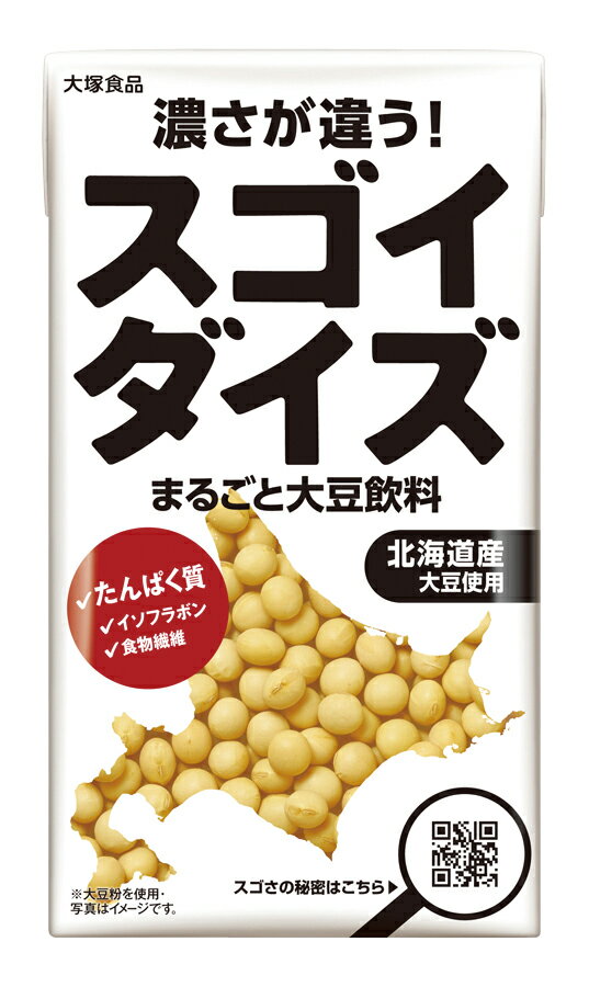 北海道産大豆粉100%使用 大豆本来の旨みがいきたまろやかな味わい ・おからを取り除かずに大豆を丸ごと使用した大豆飲料 （うす皮は除いている） ・無調整タイプ ・大豆固形分10％以上 ・食物繊維：2.9g/200ml ・そのまま飲むほか、幅広い料理に 〇原材料：大豆粉[大豆(国産)] 〇開封前賞味期間：常温で135日 【栄養成分表示】 200ml当たり／エネルギー 109kcal／タンパク質 8.6g／脂質 6.4g／炭水化物 5.6g／糖質 2.7g／食物繊維 2.9g／食塩相当量 0.15g 【その他の栄養成分】 コレステロール0mg、カリウム512mg、カルシウム15〜42mg、大豆イソフラボン57mg