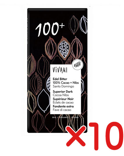 ViVANIオーガニックエキストラダークチョコレート★有機カカオ100%+カカオニブ 80g【10個・冷蔵便】★有機JAS(無農薬・無添加)★砂糖不使用★オーサワジャパン