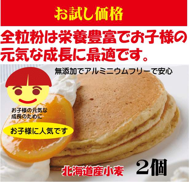 【お試し価格】香料 着色料無添加 全粒粉ホットケーキミックス500g×2個（約12枚分）タンパク質8.3％★ネコポス便にて送料無料★国産北海道小麦★てんさい糖使用★卵不使用★オホーツク海の塩★アルミフリー★送料無料ホットケーキミックス★全粒粉で栄養たっぷり