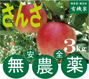 無農薬りんご「さんさ」3kg★小玉りんご★親子2代無農薬栽培・青森県「若葉農園」★土壌消毒・除草剤・化学農薬・化学肥料不使用★9月上旬発送予定★クール冷蔵便配送★約16～25個前後のサムネイル