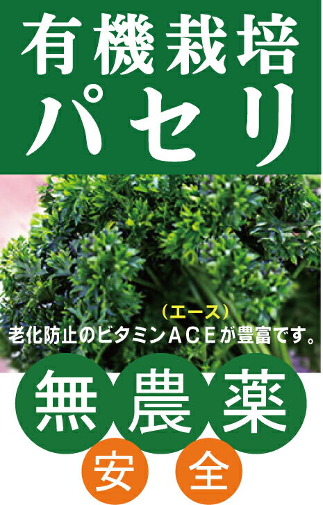 ◎生産者：大地と自然の恵み（高知県香北町）有機JAS認証老化防止のビタミンとして有名なのが ビタミンA・C・E、ACE（エース）です。 これが含まれているのがパセリ。 なかなか主菜とはいかない野菜ですが 毎日、パラパラっと使うと その違いがでてくるかもしれません。 お野菜の発送は月曜日と金曜日のみとなりますのでご了承ください。