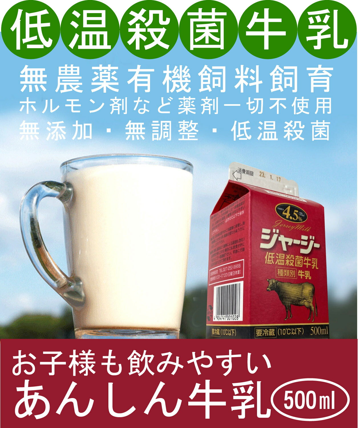 牛乳の中では最も品質の良いとされるジャージー牛乳です。 原乳は清泉寮で有名な清里のキープ農場のものを使用。 飼料は粗飼料が主で農薬、化学肥料を一切使用しておりません。 濃厚飼料は遺伝子組換えのものは一切使用しておりません。 65℃30分の低温保持殺菌でジャージー牛乳の特徴でもある風味と コクを壊していません。 【アニマルウェルフェア】とは 動物福祉 動物に負担をかけないという意味です。 1、飢えと渇きからの自由 2、肉体的苦痛と不快からの自由 3、傷み、苦痛、病気からの自由 4、通常行動からの自由 5、恐怖や悲しみからの自由 ★沖縄、北海道、中国地方、四国、九州、遠方の方は賞味期限が約1・2日になりますのでご注意ください。 ★発送日は月曜・金曜となります。○名称:牛乳 ○商品名：ジャージー低温殺菌牛乳 ○無脂乳固形分：8.5%以上 ○乳脂肪分：4.2%以上 ○原材料名：生乳100％ ○低温殺菌：65℃30分間 ○内容量：500ml ○賞味期限：パックに記載 ○保存方法：要冷蔵10℃以下 ○開封後の取扱：要冷蔵10℃以下にて保存し、なるべく早くお飲みください。 ○製造所所在地：群馬県前橋市 ○製造者：タカハシ乳業 別途クール便代が必要です。【注】冷凍商品とは同梱できません。お子様に飲みやすく あんしんな牛乳。 牛乳の中では最も品質の良いとされるジャージー牛乳です。 原乳は清泉寮で有名な清里のキープ農場のものを使用。 飼料は粗飼料が主で農薬、化学肥料を一切使用しておりません。 濃厚飼料は遺伝子組換えのものは一切使用しておりません。 65℃30分の低温保持殺菌でジャージー牛乳の特徴でもある風味と コクを壊していません。 ★沖縄、北海道、中国地方、四国、九州、遠方の方は賞味期限が約1・2日になりますのでご注意ください。