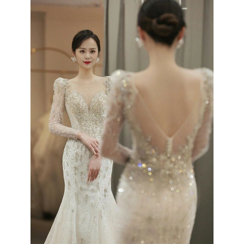 Rakuten - ウェディングドレス マーメイドドレス 長袖 背開き セクシー トレーンドレス 花嫁ドレス ビーズ ラインストーン キラキラ 素敵 キレイめ