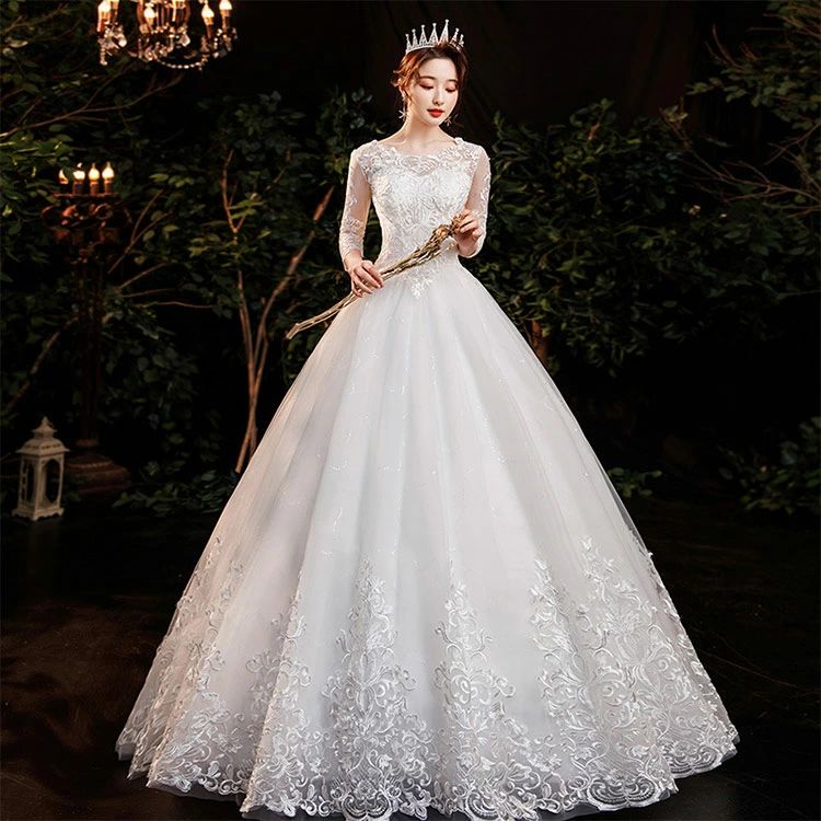 Rakuten - ウェディングドレス 袖あり 7分袖 ロングドレス 白 ホワイト 編み上げ 結婚式ドレス Aライン 花嫁ドレス 刺繍 優雅 エレガント プリンセ